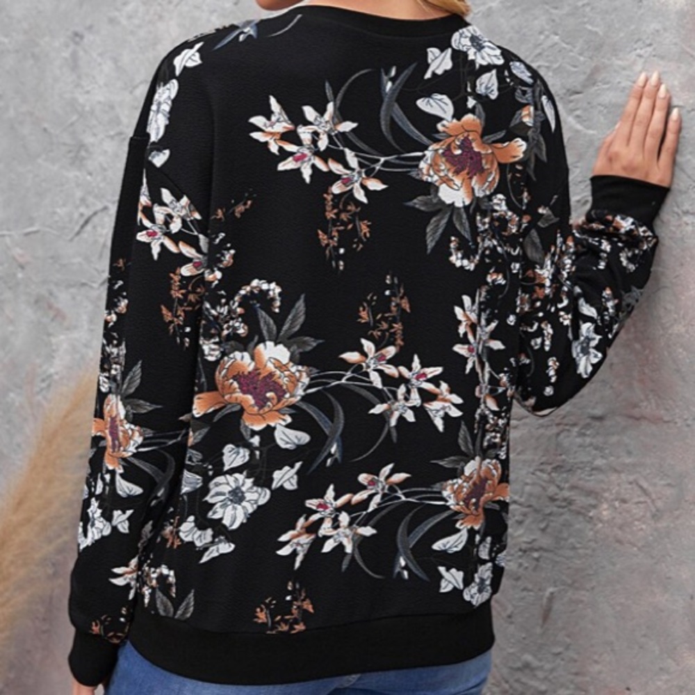Boho Black Floral Multicolor Loose Fit Sweatshirt - Picture 3 of 7